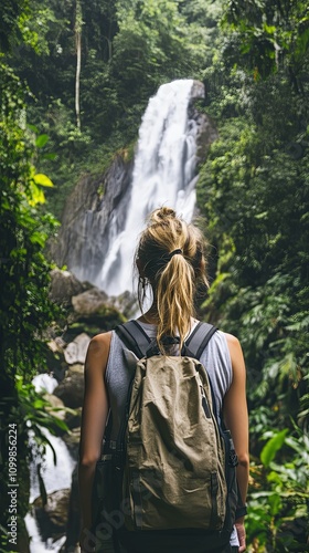 Woman Hiking Through Lush Jungle to Waterfall