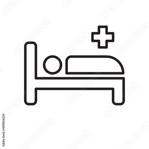 Hotel bed icon with person on bed and cross sign next to them for medical treatment 