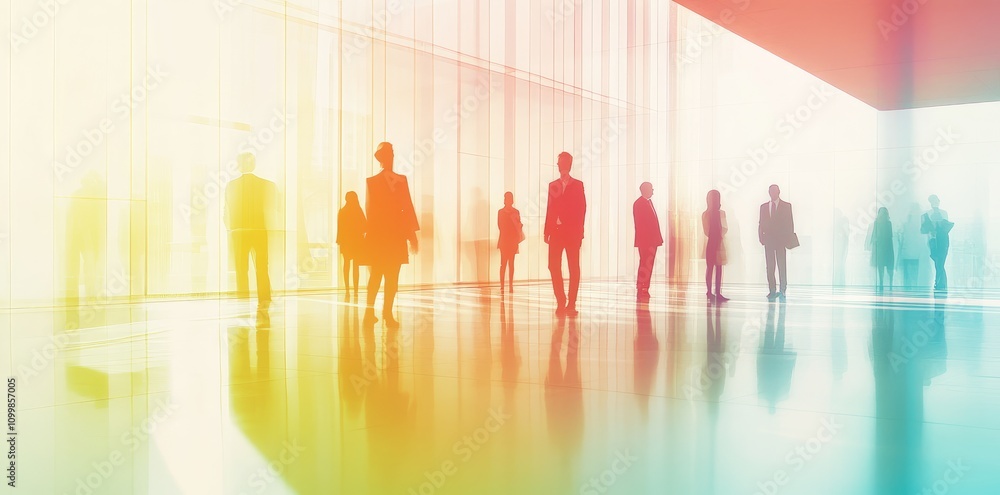Fototapeta premium Business People Standing in Row with Double Exposure Effect, Blurred Office Interior, Pastel Color Palette for Team Meeting Concept