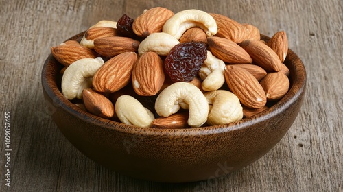 Close-up of Almonds, Cashews, and Raisins in a Wooden Bowl photo