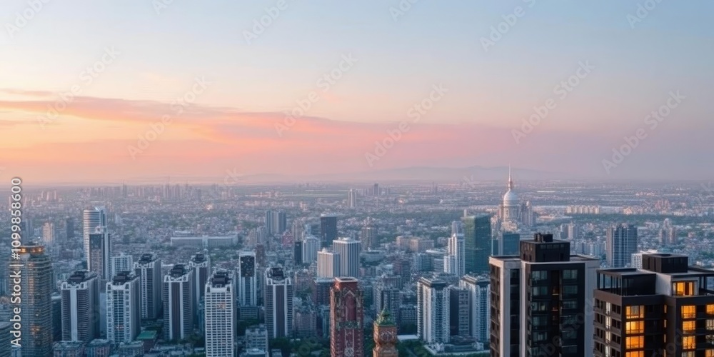 Fototapeta premium A modern apartment with a panoramic view on a luxury condo building, urban, real estate, panoramic view