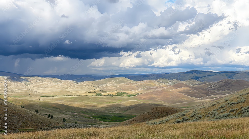Fototapeta premium Dramatic clouds over rolling hills and grasslands.