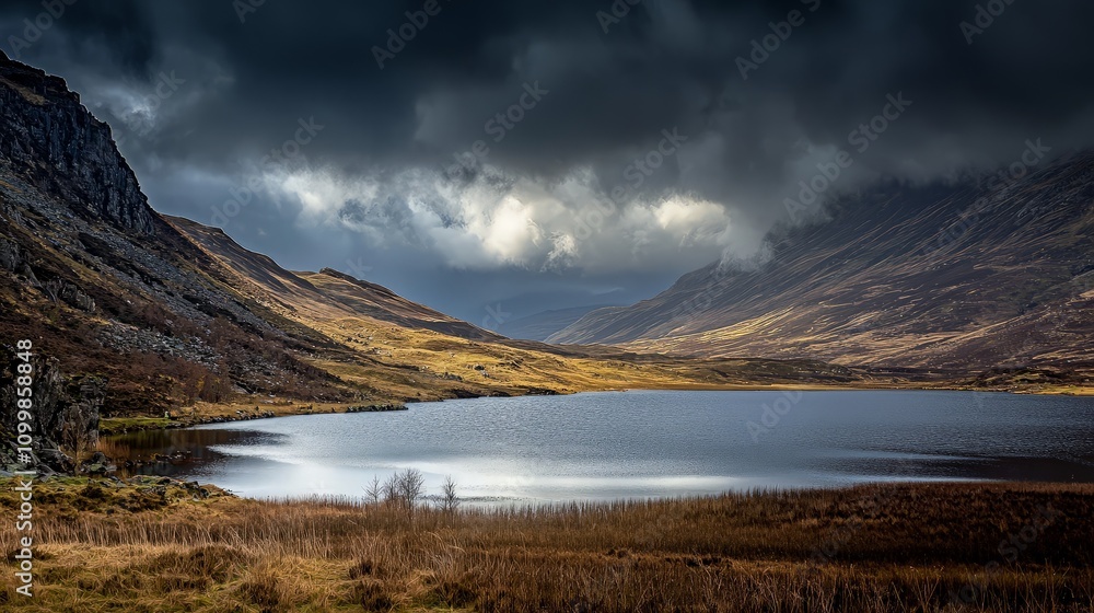 Obraz premium Dramatic clouds over a serene mountain lake.