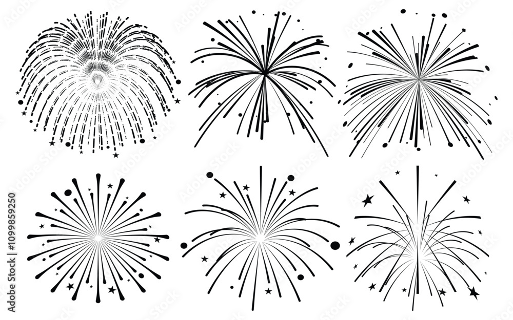Obraz premium Comic Fireworks, sunburst radial stripes with stars and sparks. retro design. New Year's Party celebration Hand drawn doodle.