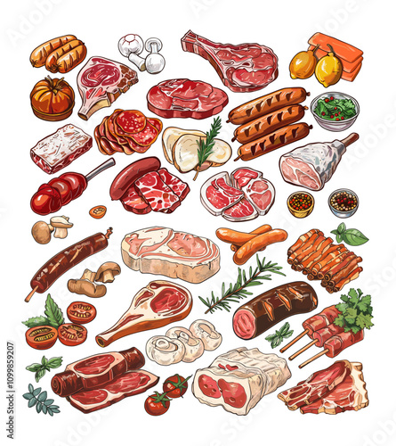 Cartoon meat products. Sausages hot dog salami bacon and chicken poultry fillet, cow ribs lamb with pork bbq steak beef, fresh food culinary isolated vector illustrations on white background