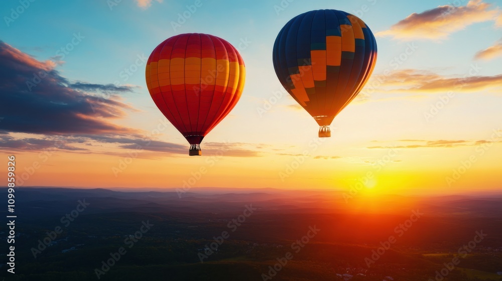 Fototapeta premium Two colorful hot air balloons soaring against a vibrant sunset, capturing the essence of adventure and exploration in the sky.