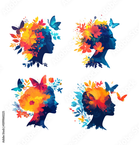 Cartoon mental health concepts. Woman head portrait with flowers on hair, calm female avatars relax thinking mind, positive brain thoughts wellness psychological care isolated vector illustrations