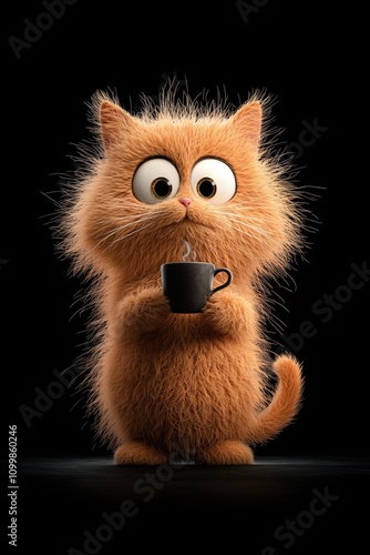 Playful Fluffy Orange Cat with Big Eyes Enjoying a Steamy Coffee Moment