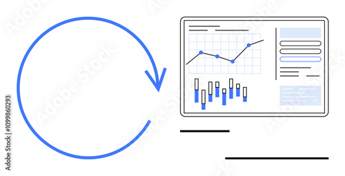 Circle arrow pointing at computer screen with charts and graphs. Ideal for data analysis, progress tracking, business growth, strategic planning, continuous improvement, reporting, and monitoring