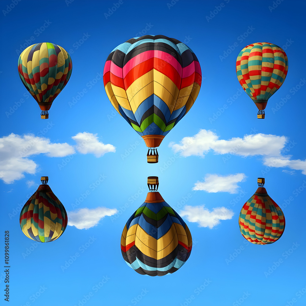 Fototapeta premium Colorful hot air balloons flying against a clear blue sky with fluffy white clouds, mirrored reflection.