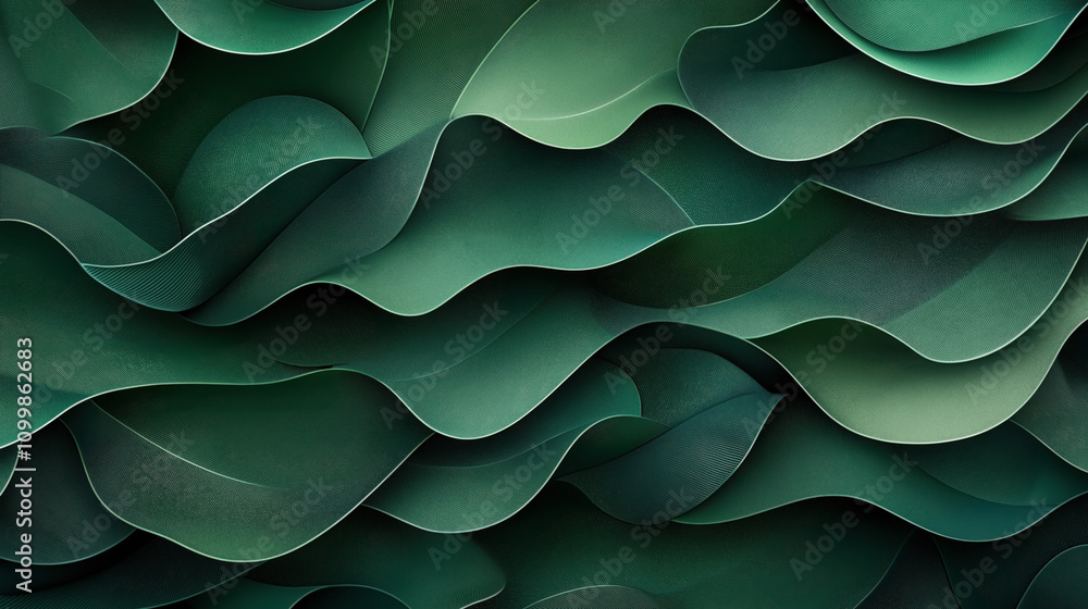 Abstract 3D illustration of layered green waves with a textured surface creating a flowing organic pattern and smooth gradient transitions for a modern artistic design concept. Abstract 3D illustration of layered green waves with a textured surface creating a flowing organic pattern and smooth gradient transitions for a modern artistic design concept.