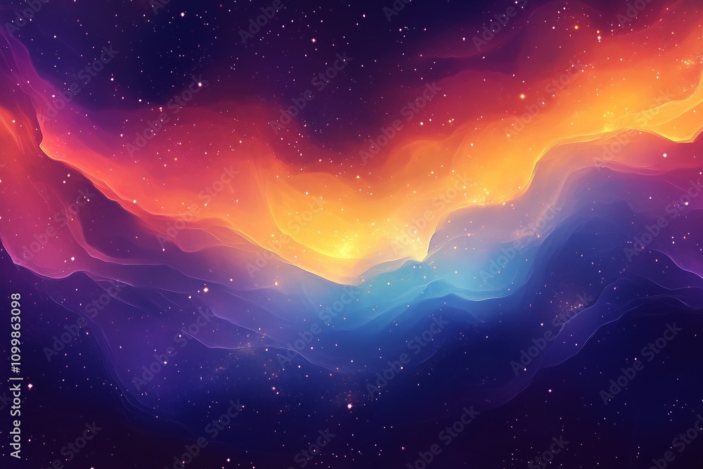 Obraz premium Vibrant cosmic nebula with swirling purple, blue, and orange clouds, dotted with twinkling stars. Perfect for space-themed designs, gaming, and stunning digital wallpapers. 