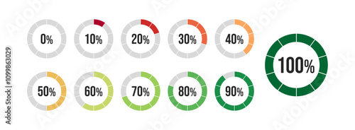 Circle Loading indicator. Progress bar. Loading Indicator. Percentage circle meters from 0 to 100 for web design, user interface UI or infographic. 0 10 20 30 40 50 60 70 80 90 100 percent.