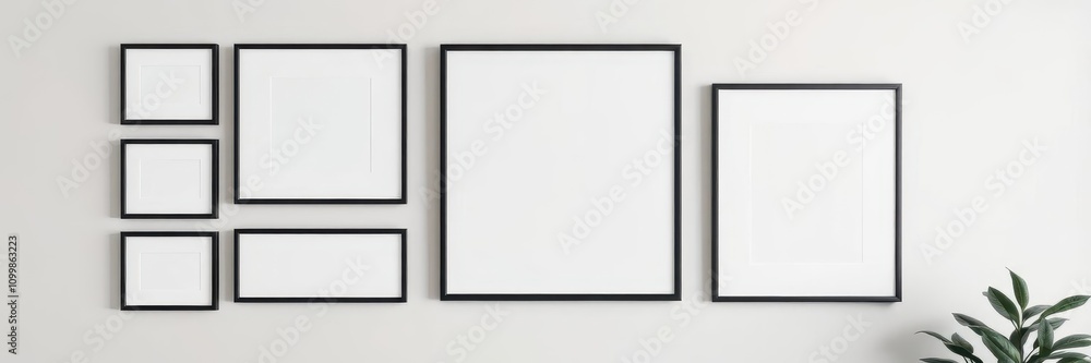 Fototapeta premium Modern living room interior with a gallery wall of empty photo frames for mockup, blank frames, empty frames