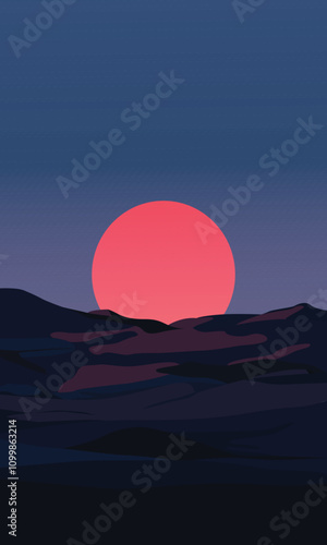 Sunset Landscape illustration. Landscape view with the night of desert. Abstract Mountain Aesthetic Backgrounds Landscapes. Modern gradient. Design for poster, cover, layout, brochure, flyer.
