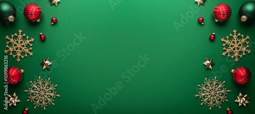 Merry Christmas and Happy Holidays greeting card, frame, banner. New Year. Noel. Red, golden Christmas ornaments on green background top view. Winter xmas holiday festive theme. Flat lay