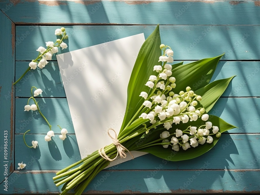 Bouquet of flowers lily of the valley and empty paper sheet on turquoise rustic table from above, beautiful vintage card, top view, space for text, flat lay.