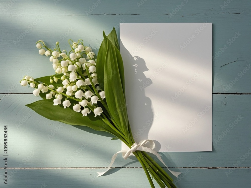Bouquet of flowers lily of the valley and empty paper sheet on turquoise rustic table from above, beautiful vintage card, top view, space for text, flat lay.