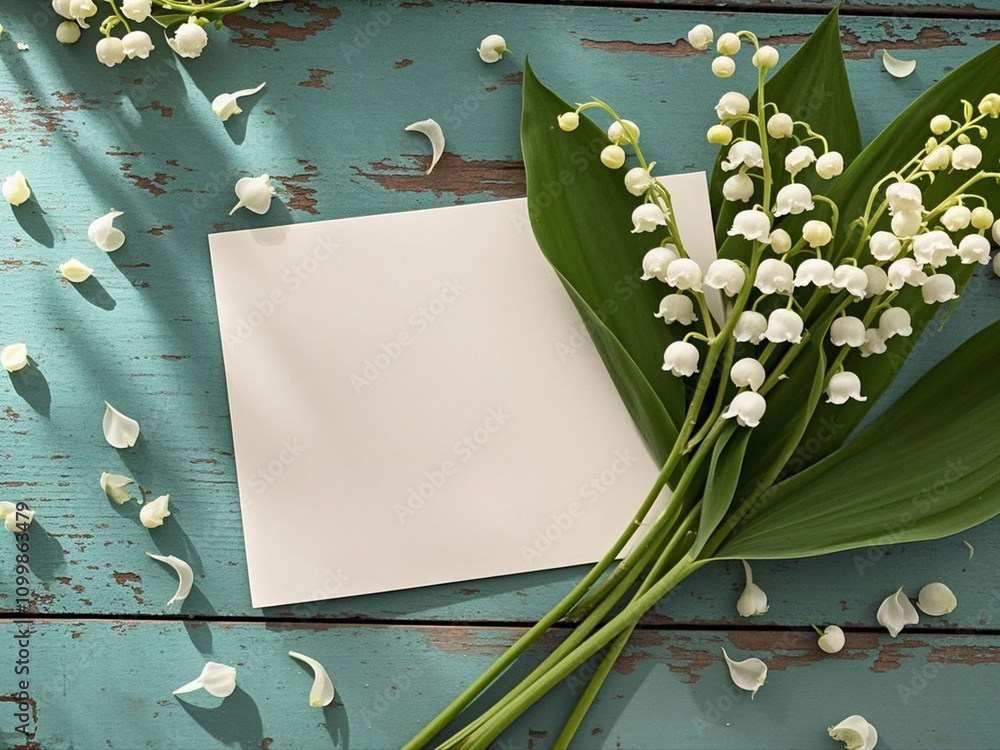 Bouquet of flowers lily of the valley and empty paper sheet on turquoise rustic table from above, beautiful vintage card, top view, space for text, flat lay.