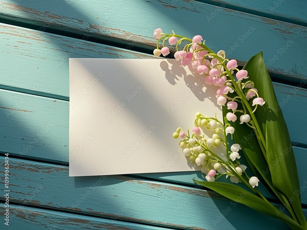 Bouquet of flowers lily of the valley and empty paper sheet on turquoise rustic table from above, beautiful vintage card, top view, space for text, flat lay.