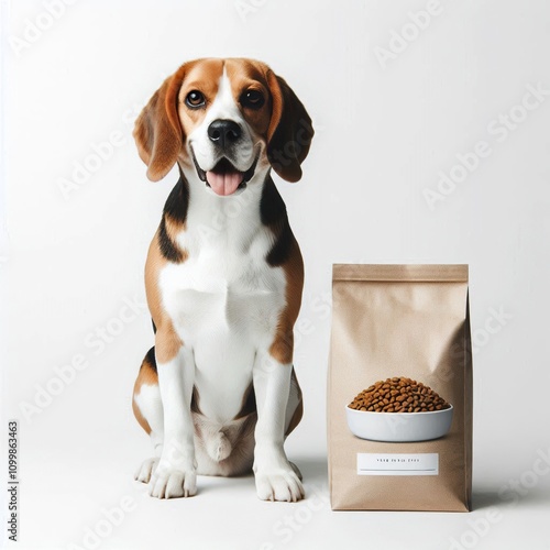 A grown up, happy beagle sits next to a plain white bag of dog food on a white background photo