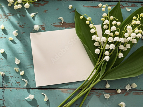 Obraz na płótnie Bouquet of flowers lily of the valley and empty paper sheet on turquoise rustic table from above, beautiful vintage card, top view, space for text, flat lay. w salonie