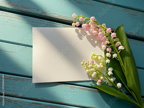 Obraz na płótnie Bouquet of flowers lily of the valley and empty paper sheet on turquoise rustic table from above, beautiful vintage card, top view, space for text, flat lay. w salonie