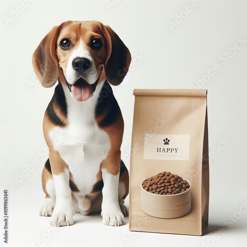 A grown up, happy beagle sits next to a plain white bag of dog food on a white background photo