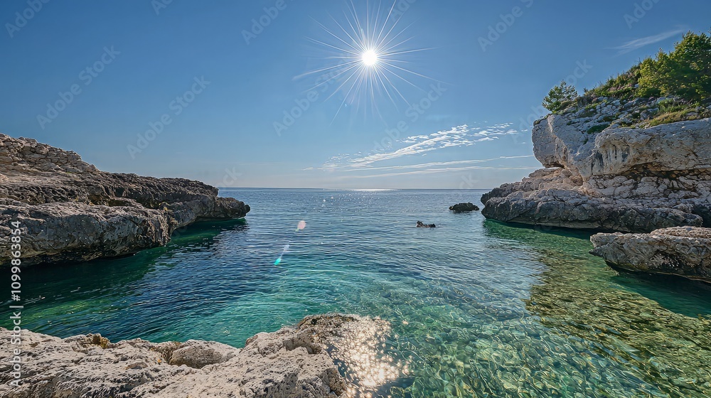 Fototapeta premium Idyllic cove with crystal-clear turquoise water, sunlit rocks, and a bright summer sky.