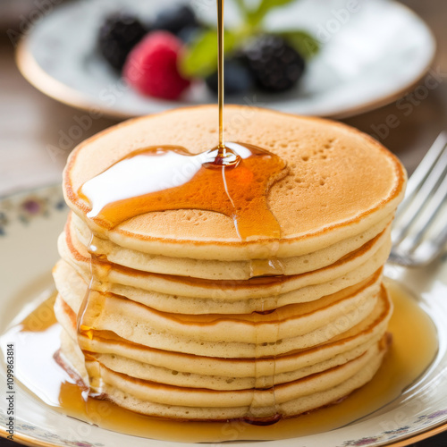 Classic breakfast pancakes with maple syrup. Gourmet food photography with classic breakfast stack of buttery pancakes on a white decretive plate in a cozy setting. photo