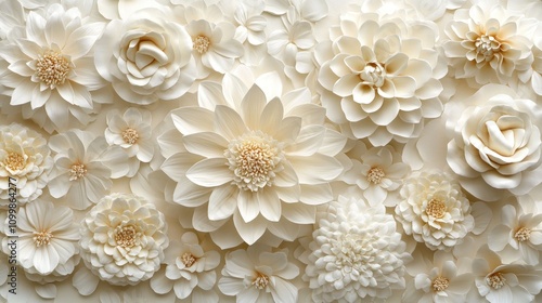 Close-up of a wall adorned with various creamy white paper flowers, showcasing intricate details and textures.