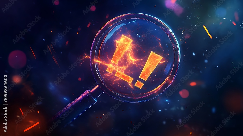 Obraz premium Magnifying Glass Reveals Fiery Exclamation Points