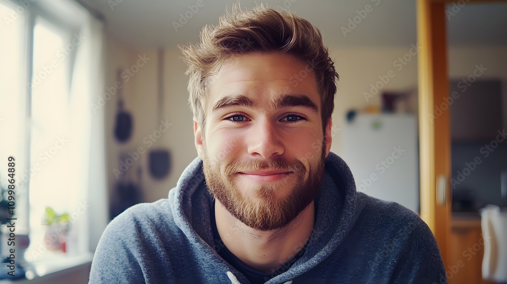 Naklejka premium A phone photograph of an attractive man, wearing a grey hoodie and smiling at the camera