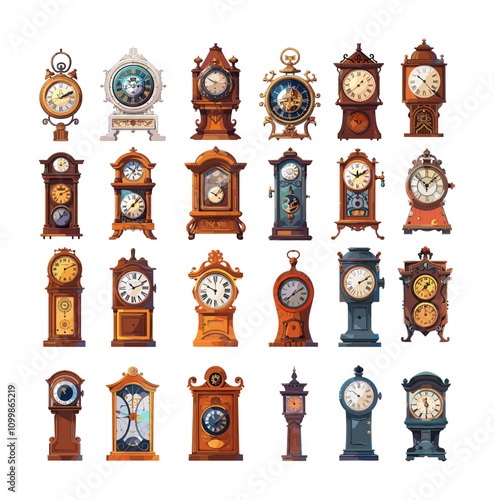 Cartoon old clocks. Vintage mechanical chronometer with pendulum, wooden and timber retro decorative carved case, antique time accessories devices, isolated vector illustration on white background