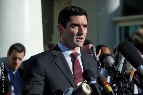 Speaking to the media outside a government building during a press conference on current events
