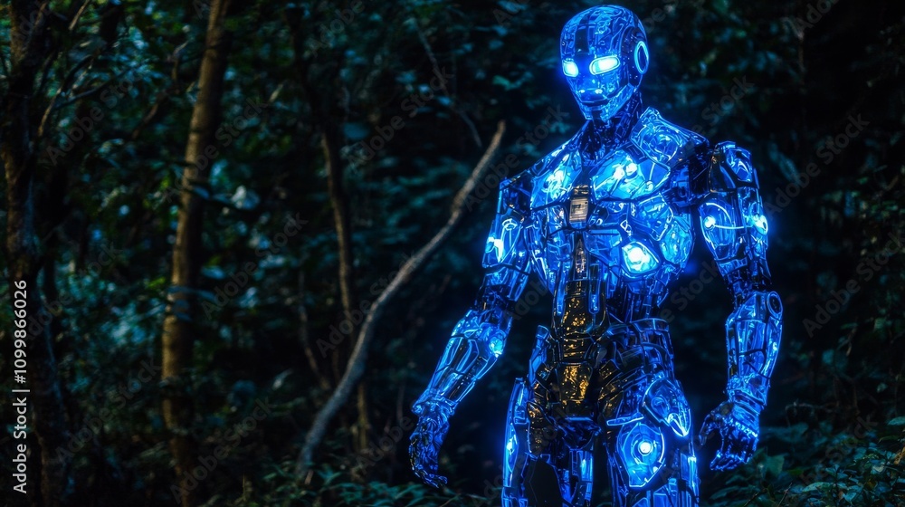 Fototapeta premium Bioluminescent Robot Exploring a Forest at Night, Symbolizing the Harmony Between Technology and Nature