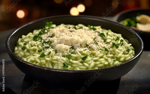 A bowl of creamy risotto topped with herbs and cheese, showcasing a delicious dish. photo