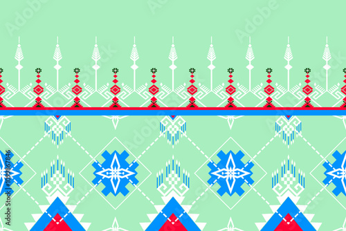 christmas background with christmas tree.Geometric ethnic pattern,Native American tribal fabric, rug, vector, Illustration design on sky blue background