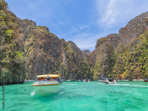 Landscape view of Pileh bay is blue lagoon with beautiful limestone rock at maya beach Phi Phi island, Krabi, Thailand photo