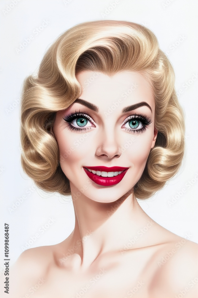 Fototapeta premium Female face with blue eyes, blonde hair and red lips that reminds us of the famous movie stars of the 50s showing us her wide smile 