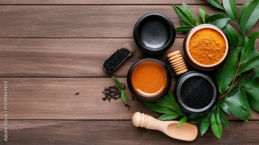 Fototapeta premium Bowls filled with vibrant spices and oil are arranged on a rustic wooden table, surrounded by fresh green leaves, showcasing a blend of colors and natural ingredients