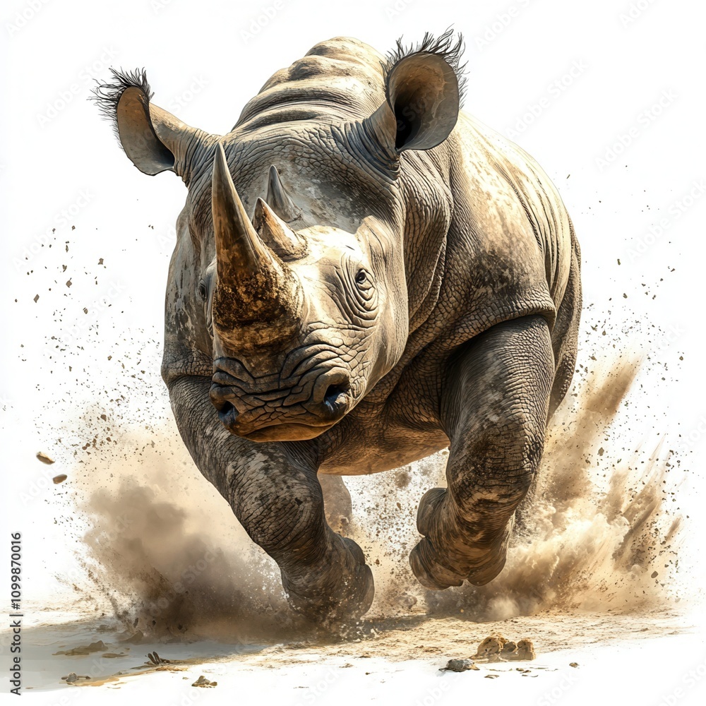 Fototapeta premium Charging rhino creating dust cloud on a white background.