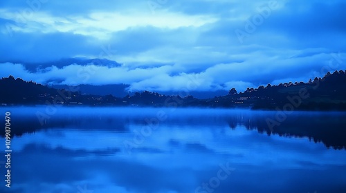Serene twilight landscape misty lake reflecting blue sky and silhouettes of hills.