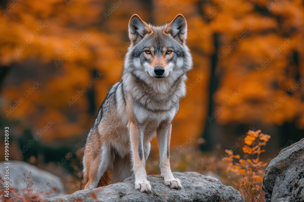 Fototapeta premium wolf standing on a rock in an autumn forest. 