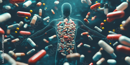 Overwhelmed: A 3D rendering of a human form engulfed by a torrent of pills, symbolizing the struggles of addiction or overmedication.  A haunting visual metaphor.  photo