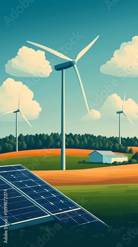 Sustainable energy: wind turbines and solar panels. photo