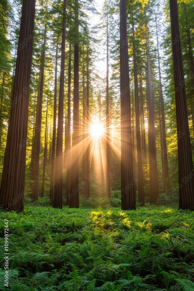 Obraz premium Captivating Twilight Scene in Redwood National Park’s Towering Trees