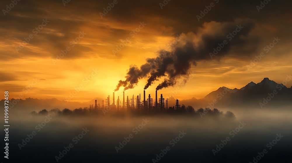 Fototapeta premium Air pollution over a factory district, with exhaust fumes rising into the sky, affecting the air quality and the surrounding environment, Ultra-Realistic, Photo Realistic, highly detailed, 