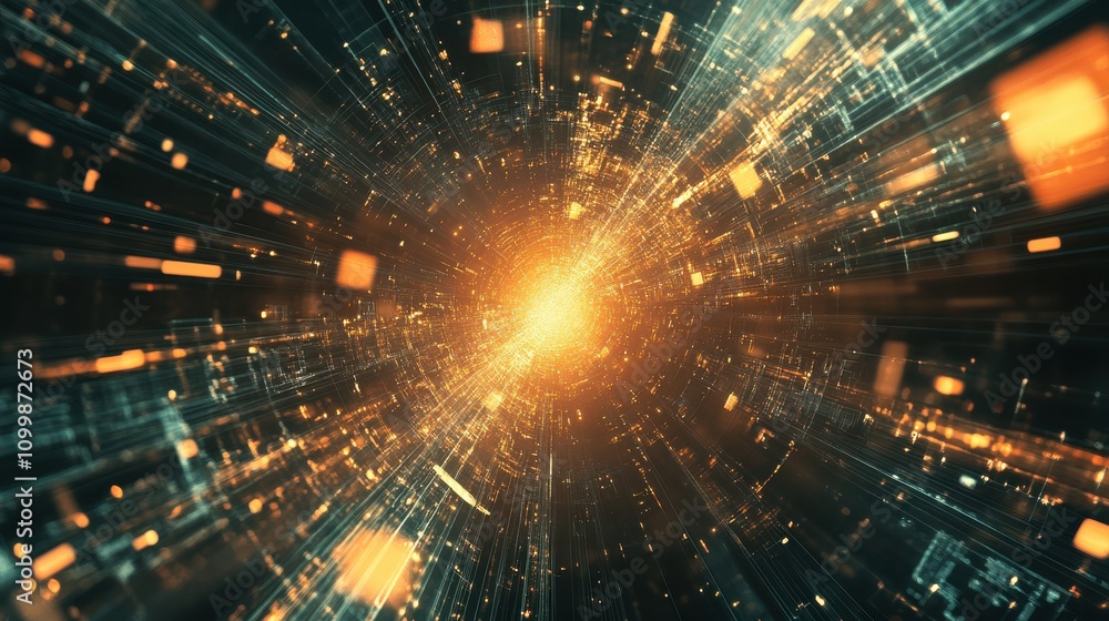 Obraz premium Abstract digital tunnel with glowing orange and teal lines. Futuristic tech background.