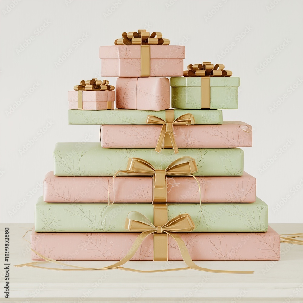 Obraz premium Elegant tower of pastel pink and soft green gifts tied with glittering gold ribbons, perfect for luxury celebrations and holidays.